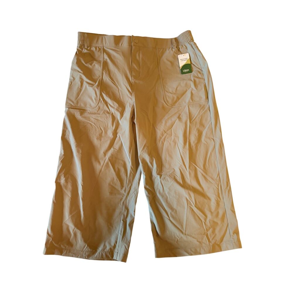 Libin Khaki Wide Leg Cropped Pants XXL Stretch Elastic Waist Travel Utility NWT
